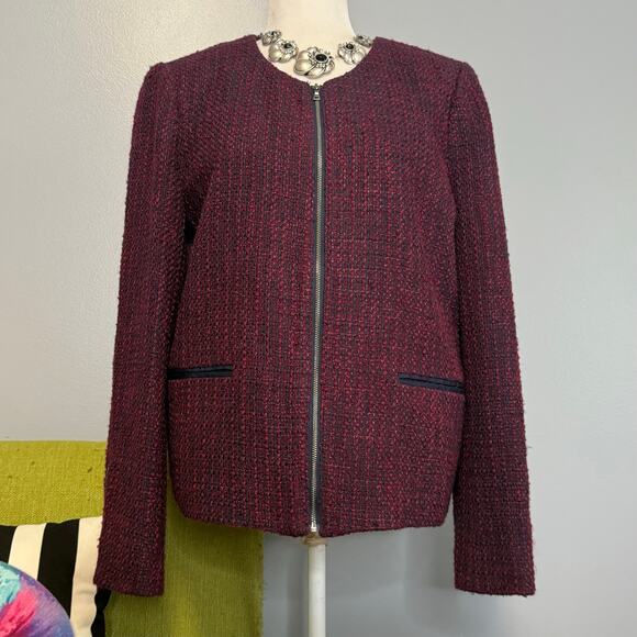 LOFT Burgundy Blue Wool Tweed Collarless Zip Blazer Jacket NEW 14 - Picture 1 of 6
